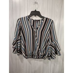 Vintage Discreet Women's Striped Bell Sleeve Blouse V Neck Size S USA